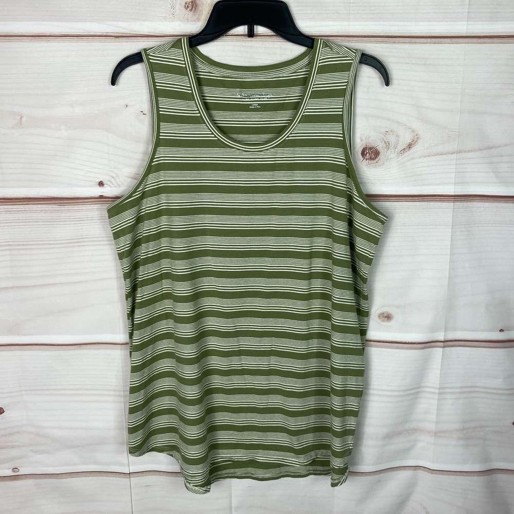 Soft Surroundings Top Womens L Green Stripe Tank Tunic Scoop Neck Pima Cotton